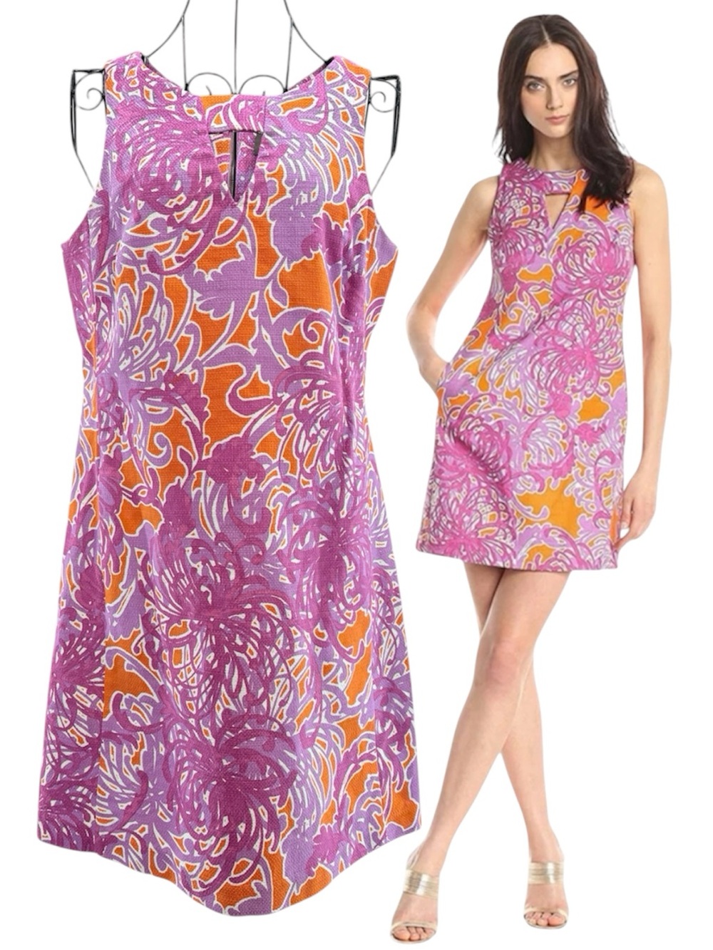 Taylor Floral Orange Purple Orchid Keyhole Sleeveless Sheath Dress Size 6